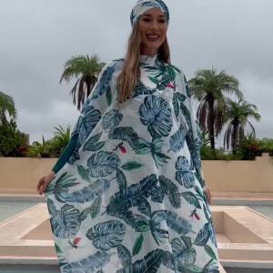 Women Print Swimwear Modest Burkini Full Cover Beach Costumes Summer Diving Surfing Muslim Swimsuit Pants Swim Cap 4 Pieces Set Island beach spa