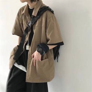 Casual Short Sleeve Mens Shirt Trendy Handsome American Style Summer Oversize Workwear Leisure Coat Youth Popular Pure Color