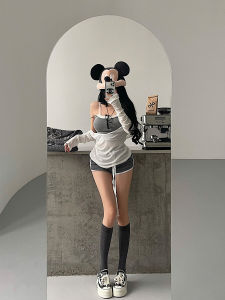 Young เด็กผู้หญิง Day Pure Desire ชุดทูพีซปลอมพร้อมแผ่นรองหน้าอก สายคล้อง เสื้อกั๊ก ปกแขนยาวสูง เอว เชือกรูด กางเกงขาสั้น