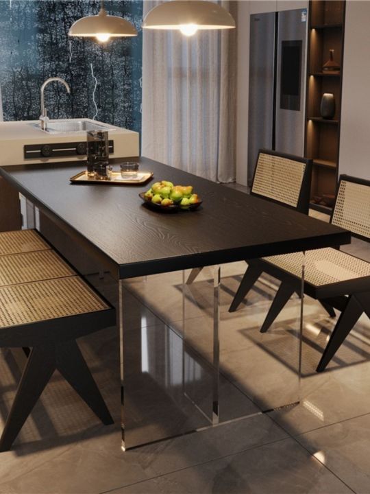 Modern Minimalist Acrylic Floating Solid Wood Dining Table Rectangular ...