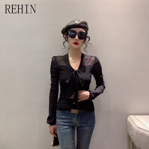 REHIN Womens top New Mesh Bottoming Shirt French Retro Design Fashionable and Unique long sleeve T-shirt