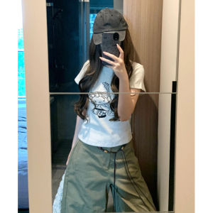 YUEZHONGWEI | American Style Cat Print Short Sleeve T-Shirt Women Summer New Fashion Slim Fit Short Length Round Neck Top Korean Style Commute Wind