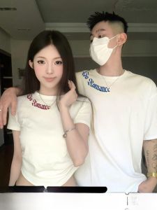 Couples Summer Short Sleeve T-shirts Waist-Cinching Special Korean Style Cotton Casual Fashion Print round Neck Loose Fit