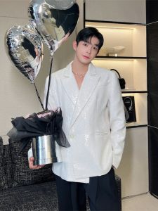 เสื้อสูทแขนยาวผ้าไหมสีขาวสไตล์เกาหลีมือทำดีไซน์ไฮเอนด์สำหรับผู้ชาย ทรงหลวม ทรงปกติ ทรงหลวม ไม่มีซิป