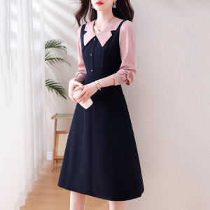 Elegant French Design Age-Reducing Matchable Long Sleeve Faux Two-Piece Dress