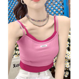 LUOFEN | American Style Spicy Girl Fake Two-Piece Strap Vest Women Summer Inner Match Design Sensation Small Crowd Outerwear Color Collision Short Sleeveless Top