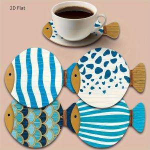 4/8pcs 2D 4in Artistic Cartoon Fish-Shaped Wooden Coaster Blue White Pattern Anti-slip Heat-resistant Home Coffee Shop Bar Gifts
