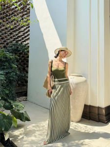 Modern Bohemian Striped Patchwork Halter Long Dress Elastic Loose Feel Dress Vacation Style No Brand H Version Summer Long Skirt
