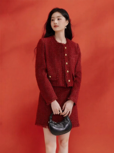 XIANGYING | Red Elegance Spring Jacket Round Neck Long Sleeves Short