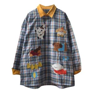 Japanese Style Soft Girl College Style Cute Cartoon Patch Embroidery Stitching Contrast Color Loose Mid Length Long Length Gingham Shirt Young Adult