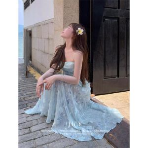 French Blue Floral Print Halter Dress Womens Summer Beach Vacation Beautiful Pure Desire Waist Cinching Long Skirt