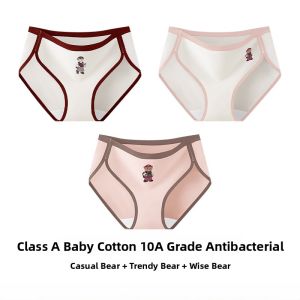 miiow | Antibacterial Pure Cotton Bear Briefs Womens Retro American Sports Triangle Panties Comfortable Mid Waist Triangle Underwear