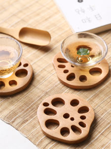 Creative Wooden Lotus Root Cup Mat Real Wood Tea Cup Coaster Heat Resistant Anti-Scalding Tabletop round Shape Handmade Japanese Style