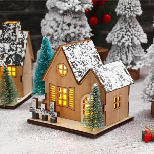 Làng Giáng Sinh Bằng Gỗ LED Tự Làm Chưa Hoàn Thiện Đồ Trang Trí Nhà Gỗ Mùa Đông Đồ Trang Trí Cây Thông Vật Trang Trí Trung Tâm Bàn Tượng Nhỏ Để Trang Trí Ngày Lễ