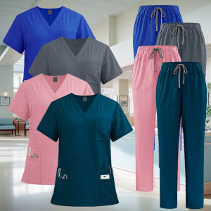 Exix 1Set Short Sleeve Pants V Neck High Waist Breathable Drawstring Medical Uniform Working Scrubs Set Nurse Surgery Suit Workwear Doctor Uniforms Polyester