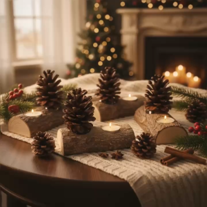 Set 2 Đế Nến Gỗ Khúc Kèm Quả Thông Trang Trí Noel Giáng Sinh - Decor Rustic Mộc Mạc Ấm Áp (Tặng Kèm 5 Nến Tealight)