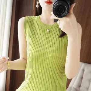 Summer New round Neck Ice Silk Thin Knitted Vest Womens Wide Shoulder Strap All-Match Sleeveless Pure Color Outerwear Top