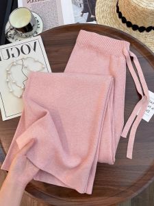 กางเกงขายาวทรงหลวมเอวสูงสำหรับผู้หญิงในฤดูใบไม้ร่วงและฤดูหนาว กางเกงขายาวทรงตรงทรงหลวมเนื้อหนาแบบถักสีชมพู ทรงหลวม เอวสูง กางเกงขายาวทรงลำลอง