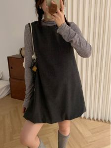 Elegant Gray Vest Dress Womens Fashionable Layering Sleeveless Bouffant Skirt Belted Autumn High Waist Polyester Blend