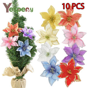 YESPERY🎄Hàng Có Sẵn🎄10 Bông Hoa Giáng Sinh Lớn Viền Cánh Hoa Lấp Lánh 13Cm Hoa Lụa Nhân Tạo Trang Trí Cây Thông Noel Trang Trí Năm Mới 2023