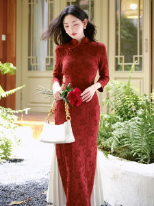 Elegant Red Chinese Style Cheongsam Spring Autumn Dress for Women Low Slit Cheongsam Qipao Long Skirt Elegant Atmosphere