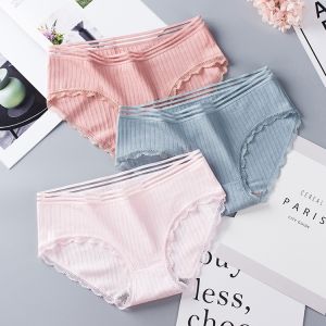 XL~2XL size Womens Japanese Style Grils Briefs Mid-waist Solid Threaded Cotton Panties Seamless Lace Underpants