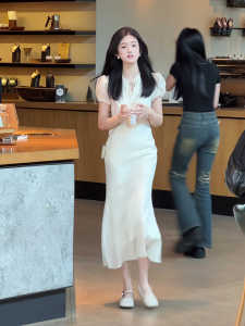 French Style Polka Dot Summer Dress Womens Gentle Elegant Bow Tie Design A-Line Skirt Short Sleeve round Neckline Single Piece