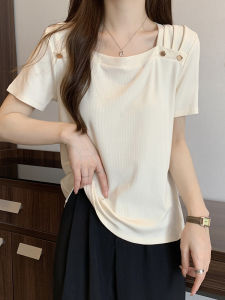Plus Size French Style Shoulder Square Collar Short Sleeve T-Shirt Bottoming Shirt Womens Summer Wear Plus Size Ladies Slim Looking Belly Covering Easiest for Match Chic Tops