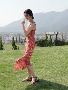 MOHANYIMEI | Strap Halter Waist Vintage Print Irregular Skirt Dress
