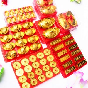 Gold Plated Plastic Golden Bar Decorative Ornaments Double Happiness Coin Yuanbao Chinese New Year Festive Accessories Box Set