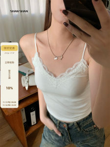 Shiny White Lace Trim Camisole Tank Top Womens Slim Fit Design Versatile Short Sleeve Shirt with Chest Pad Single Piece