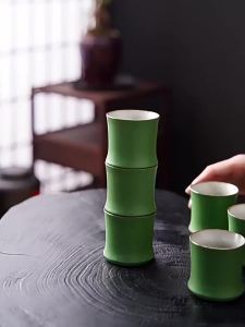 80ml Chinese Ceramic Tea Cup with Bamboo Holder Green Glaze Kung Fu Gongfu Tea Set for Tea Ceremony Zen Meditation Home Use Gift
