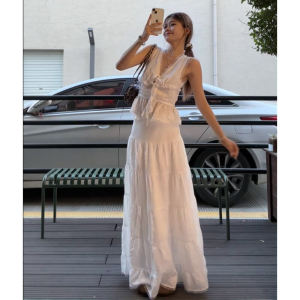 French White Lace Lace Skirt Womens High Waist Figure Flattering Tiered Dress Texture A- line Mid Length Long Length Skirt