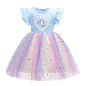 2-10 Years Unicorn Summer Girls Dress Cute Cartoon Mesh Girls Princess Dress Piano Performance Costume Birthday New Kids Clothes