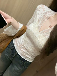 เสื้อเชิ้ตคอวีแขนยาวผ้าลูกไม้เซ็กซี่สำหรับผู้หญิง ทรงเข้ารูป กระโปรงสั้น แขนยาว ฤดูใบไม้ผลิและฤดูร้อน เสื้อผ้าทำงานสไตล์เกาหลี