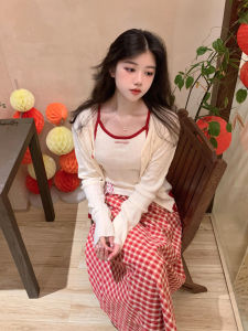 Sweet Spicy College Style Two-Piece Set Dress Chic Miu System Autumn Womens Fashion High Waist A-Line Skirt Long Sleeve V-Neck