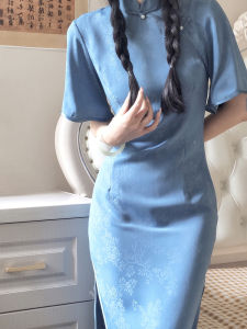 Elegant Blue Cheongsam Young Style Daily Wear Dress Subtle Beauty Summer Cool Atmosphere Long Slit Short Sleeve Womens Fashion