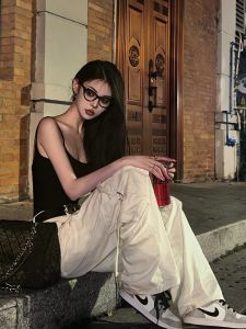 VKSOD | American Style Womens Two-Piece Set High Waist Loose Straight Leg Pants White Summer Outfit Casual Comfortable Suit