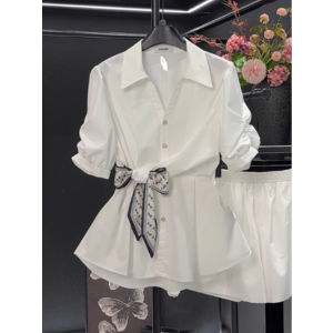 French Vintage Waist-Cinching Silk Scarf Shirt Womens Summer New Design Elegant Polo Collar Mid-Sleeve White Shirt