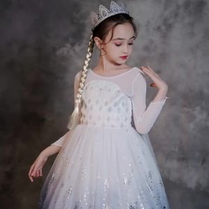 Girls Snow Queen Princess Dress Kids Long Sleeve Snowflake Print Evening Party Gown for Birthday Halloween Cosplay Carnival