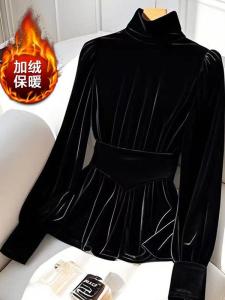 เสื้อเชิ้ตคอสูงแขนยาวผ้ากำมะหยี่สีดำสไตล์ฝรั่งเศส ทรงเข้ารูป เสื้อเชิ้ตผู้หญิงฤดูหนาว คอลเลกชั่นไฮเอนด์ เสื้อเชิ้ตคอปกสูง