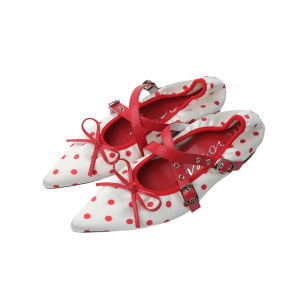 Vintage Polka Dot Pointed Toe Flats with Bow Cross Straps