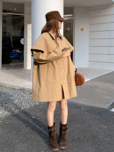 Khaki British Style Womens Coat A-Line Long Jacket Autumn New Arrival Small Size Medium Length Outerwear Commute Korean Style