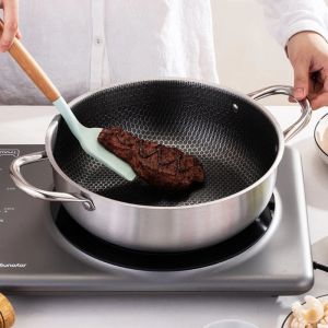 High Quality 410 Stainless Steel Frying Pan Food Grade Honeycomb Nonstick Wok With Double Ears Home Induction Cooker Frying Pan