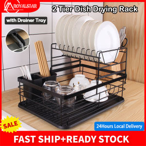 Royalstar 2 Tier Dish Drying Rack Dish Drainer with Drip Tray Metal Dish Drainer Shelves Kitchen Utensils Chopstick Holder Organizer Shelf