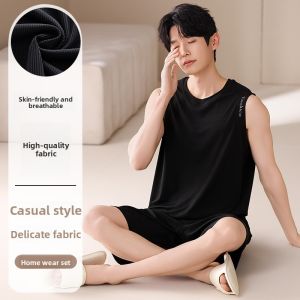 miiow | Mens Summer Thin Ice Silk Sleepwear Set Worn-Outside Vest Home Clothes Catman Cool Sensation New 2025 Casual Short Sleeve