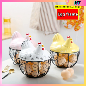 Chic Chicken Ceramic Lid Metal Wire Egg Storage Basket for Kitchen Organization