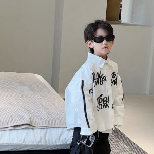 Áo Sơ Mi Trẻ Em Graffiti Chữ Cái Phong Cách Hàn Quốc Thường Ngày Áo Khoác Ngoài Trắng Mùa Xuân Thu Mới Cho Bé Trai