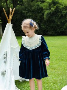 Princess Style Velvet Dress for Girls Pearl Decorated Spring Autumn New Arrival Childrens Wear Elegant Little Girl Dress