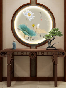 New Chinese Style round Entrance Wall Art with Light Corridor Background Zen Lotus LED Illuminated Wall Hanging Painting